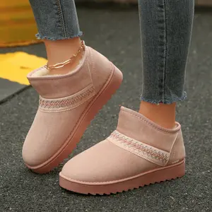 Trendy Suede Snow Boots for Women Cozy Fleece Slippers Plush Lined Ankle Booties, Easy Slip-On Indoor Outdoor Shoes Platform Winter Soft Footwear