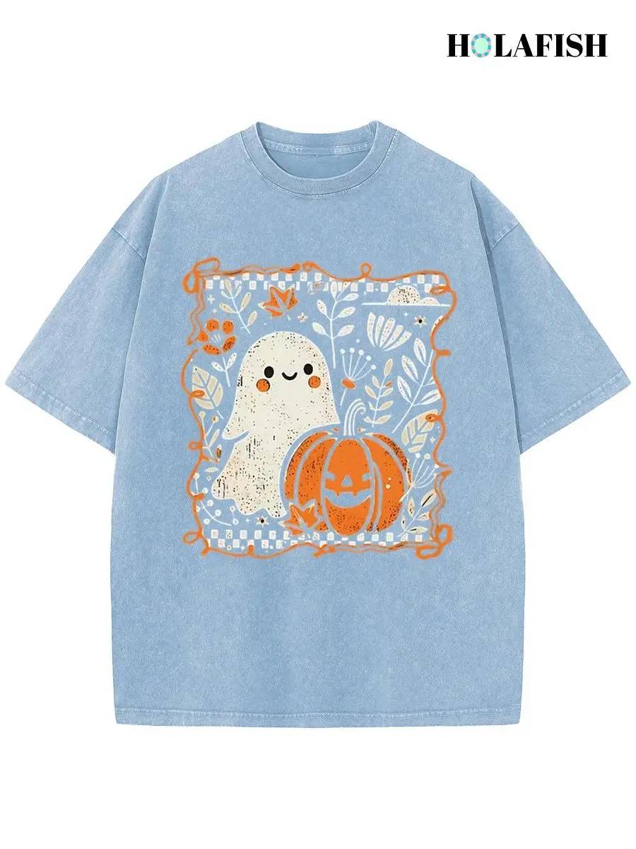 Holafish Women's Vintage Loose T‑Shirt,100% Cotton Acid Wash Short Sleeve Top Cute Ghost Pumpkin Autumn Fall Halloween Graphic Drop Shoulder Baggy Pure Cotton Tee For Casual Outdoor Summer Wear Unisex Summervibes