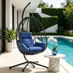 Oversized Black PE Rattan Egg Swing Chair with Metal Stand - Wicker Hanging Basket Hammock for Bedroom, Balcony - Patio Furniture Sets, Large Chicken Coop with Cover, Aluminum Conversation Sofa Set, Outdoor Furniture