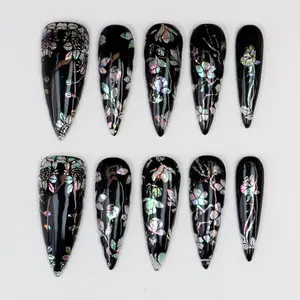 Black & Iridescent Opal Vintage Floral Press On Nails,Long Stiletto False Nails,Sophisticated Dark Romantic Nail for Vacation,Birthday,Gift