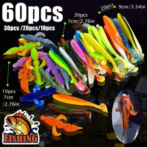 60pcs / 30pcs / 20pcs / 10pcs Various mixed combinations Lure bait set for bass and snakehead Bionic soft bait a must-have for fishing enthusiasts To improve catch efficiency
