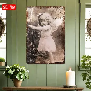 Antique Angel Fireplace Decoration, Vintage Valentine's Day Decor, Printed Wooden Photo Sign, Indoor Outdoor Use, Cupid Girl Photo, 7.87x11.8 Inches