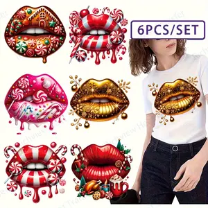 6 Pack Christmas Candy Cane & Lip Print Iron on Vinyl Patches 3D Glitter Heat Transfer Stickers for DIY T Shirts Washer Safe Festival Applique 6 Designs
