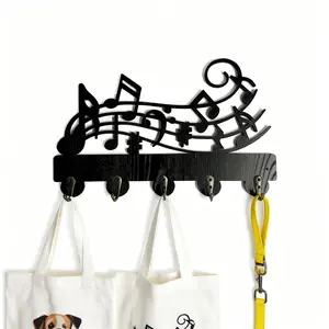 Wooden Key Hook, Vintage Hat Rack, Note Shape Wall Mounted Storage Hooks, Includes 5 Metal Hooks, Music Lover Home Organizer