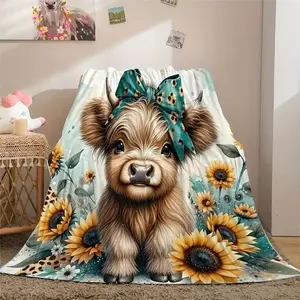 A Warm and Modern Style Highland Cow and Sunflower Hug Blanket-Digital Printing Flannel Blanket, All-Season Multi-Purpose Reusable Bedding, Suitable for Room Decoration, Sofa, travel and Nap-Perfect Gift for Family and Friends-280GSM