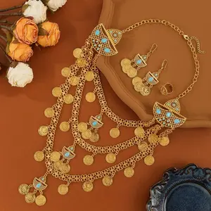 1 Set Bohemian Gold Tone Turquoise Beaded Jewelry Set with Blue Accents – Multi-strand Necklace, Dangle Earrings and Matching Ring, Perfect for Indian Wedding, Carnival, Prom and Banquet Party