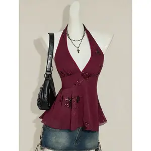 Spring and summer women's new fashion elegant deep V-sequin rose embroidery waist belt ruffled backless vestRAIMENTRY