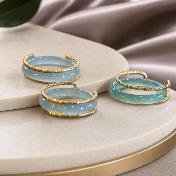 Natural Hard-Texture Inlaid Finger Ring - Premium Ice-Translucent Olive-Green Slim Narrow-Band Costume Jewelry Tail Ring