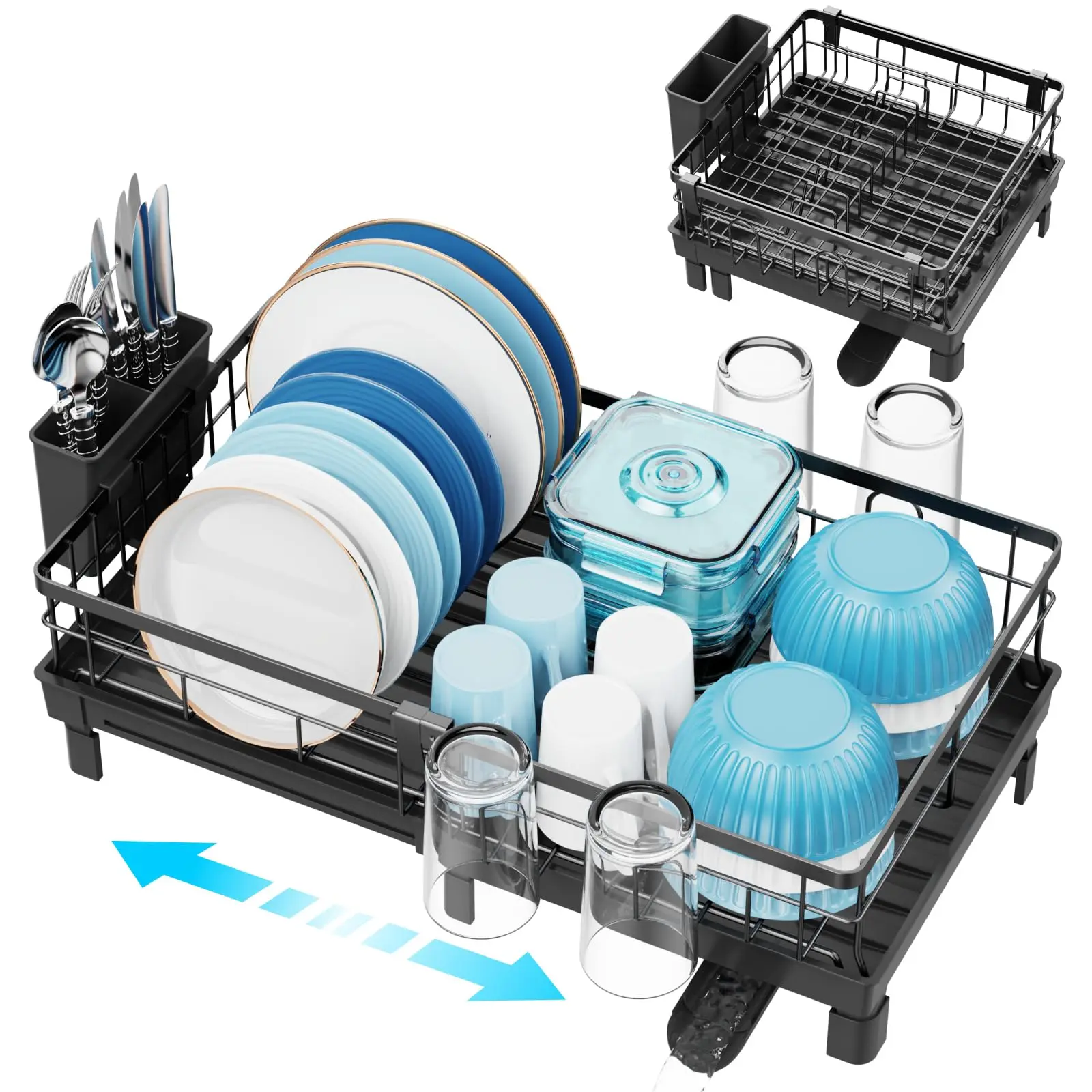 【Limited Time Deal】Expandable Dish Drying Rack for Kitchen Counter, 12-20.5 Inch Compact Dish Rack with Drainboard, Swivel Spout, Cup & Utensil Holder, Rust-Resistant Dish Drainer for Small Kitchen