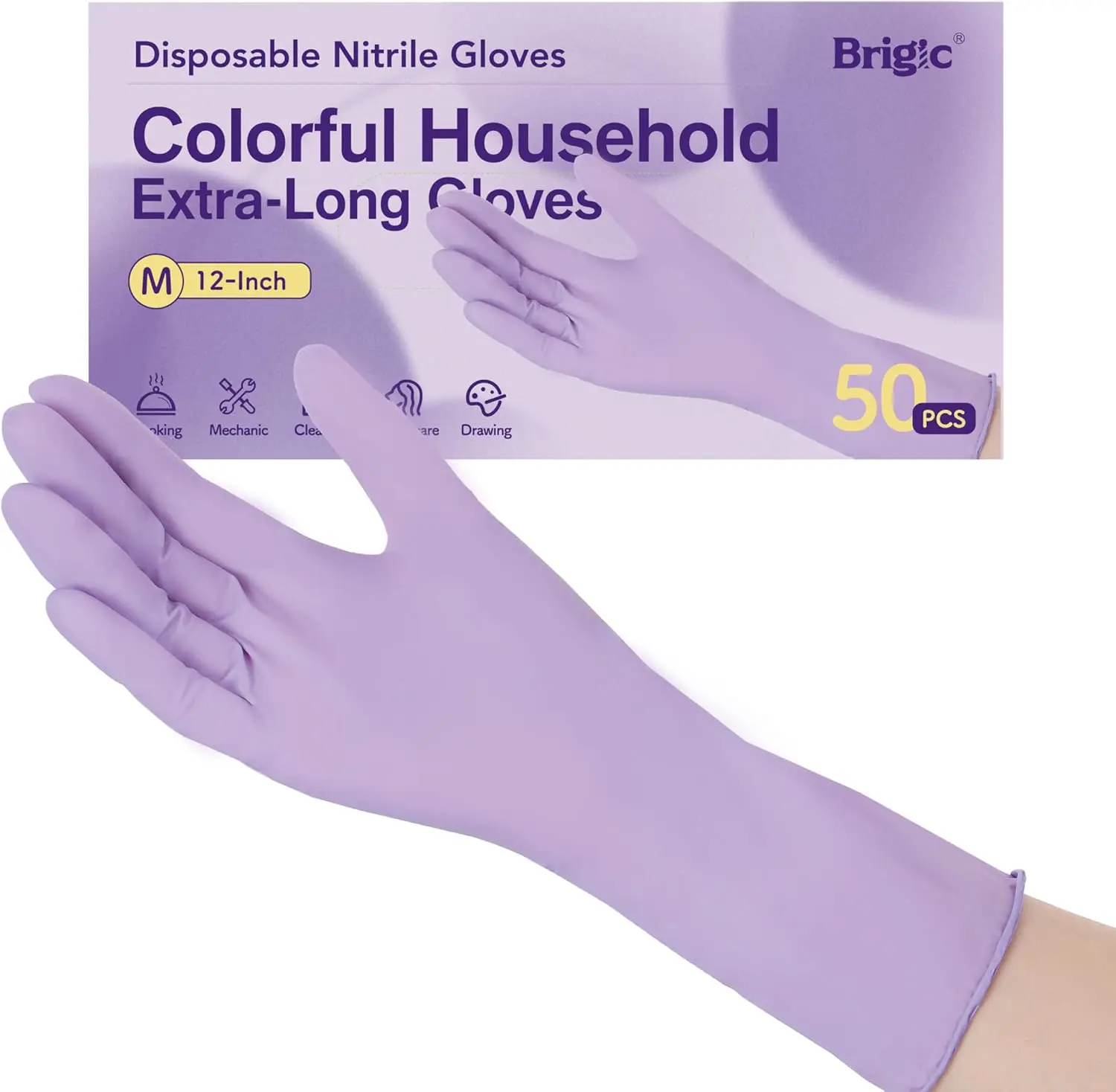 Brigic 12-Inch Extended Disposable Nitrile Gloves Latex-Free Powder-Free Full Palm Textured Grip Multipurpose Home Use Purple Green Yellow Garage Cleaning