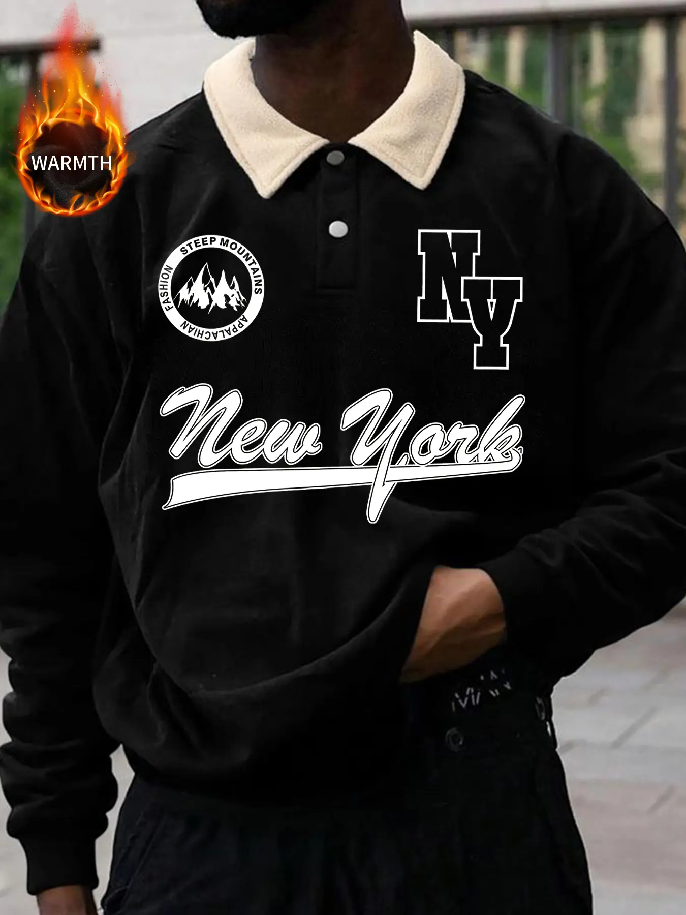 Unisex Oversized Brown Sweatshirt with Cream Fleece Collar | Warm Contrast Polo Pullover with Vintage College New York Graphic | Casual Fall Outerwear