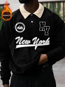 Unisex Oversized Brown Sweatshirt with Cream Fleece Collar | Warm Contrast Polo Pullover with Vintage College New York Graphic | Casual Fall Outerwear