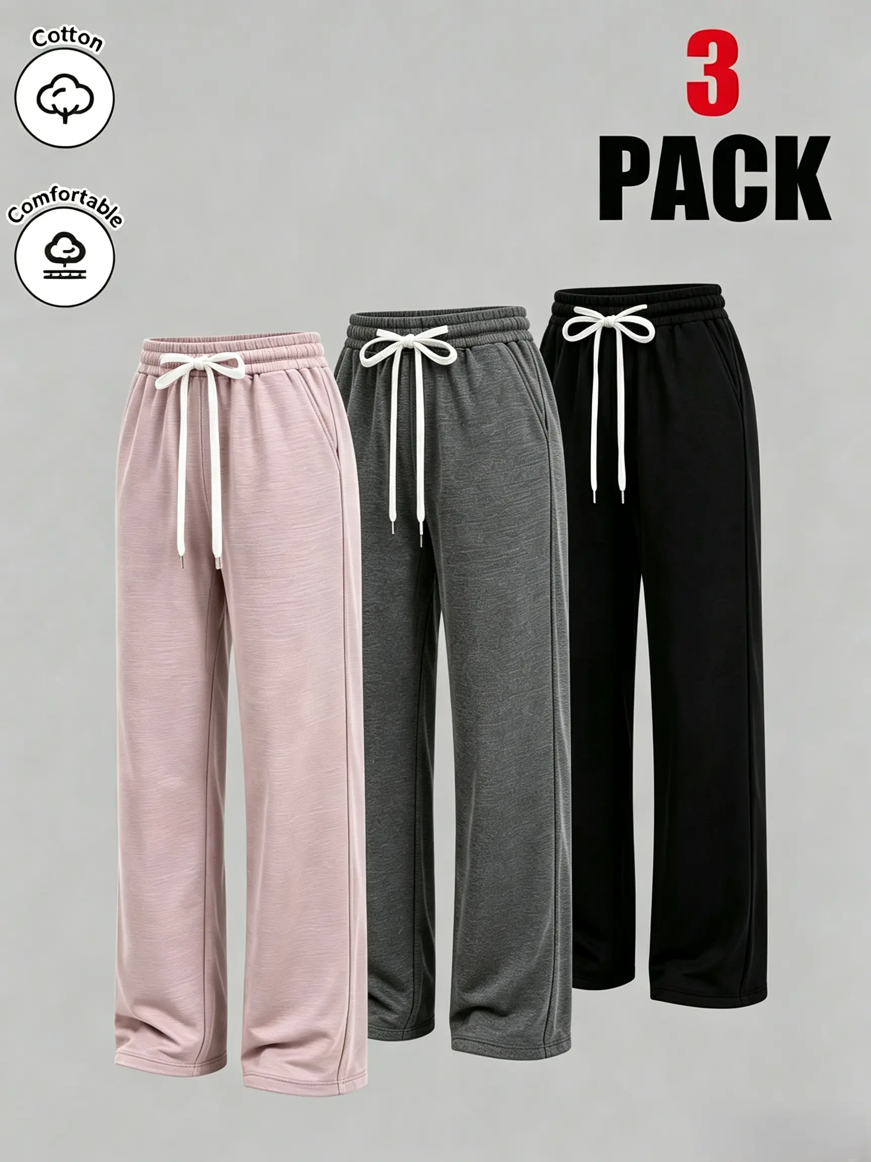 3Pcs Comfortable Drawstring Waist Sweatpants in Multiple Colors for Women's Casual Wear