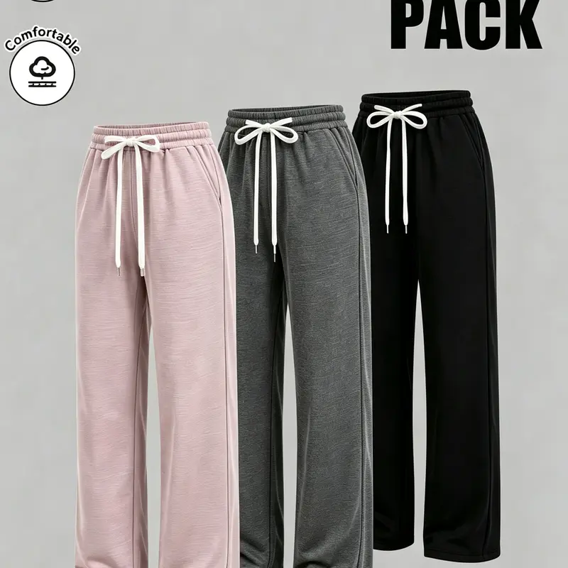 Women's 3-Pcs Plain Athletic Joggers - Adjustable Drawstring Waist, Customizable Fit Sweatpants, Ultra Cozy Casual Comfy Jogger Style Pants for Everyday Wear & Outdoor Sports, Casual Comfy Joggers