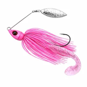 Pink Spinner Bait Bass Fishing Lure with Glittery Tail and Silver Spoon for Effective Catching