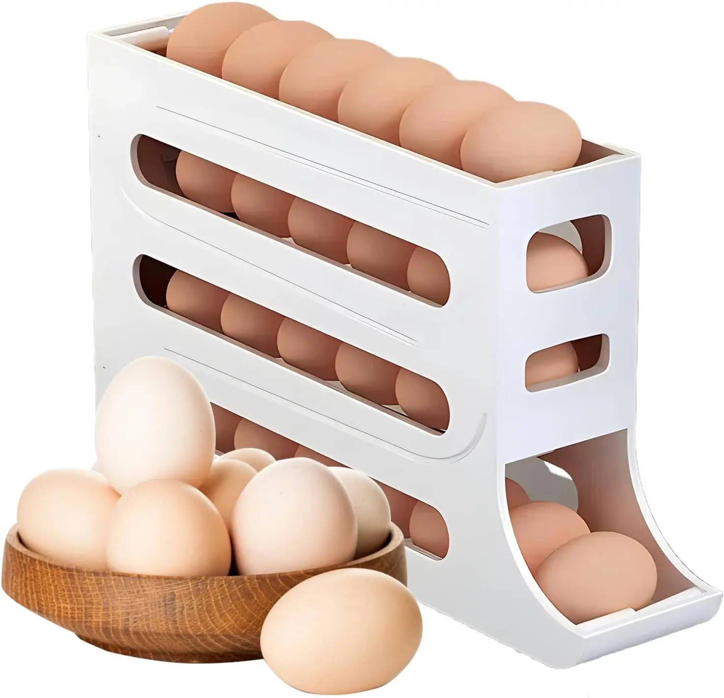 Egg Dispenser Automatic Rolling Egg Tray Organizer - Holds 28 Eggs, Space Saving Refrigerator Egg Roller for Dining Table, Kitchen & Cabinets