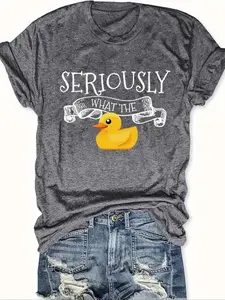 Women's Cartoon Duck & Letter Print Round Neck Graphic Tee, Vintage Trendy Casual Short Sleeve T-shirt For Daily Wear, Ladies Summer Outfit