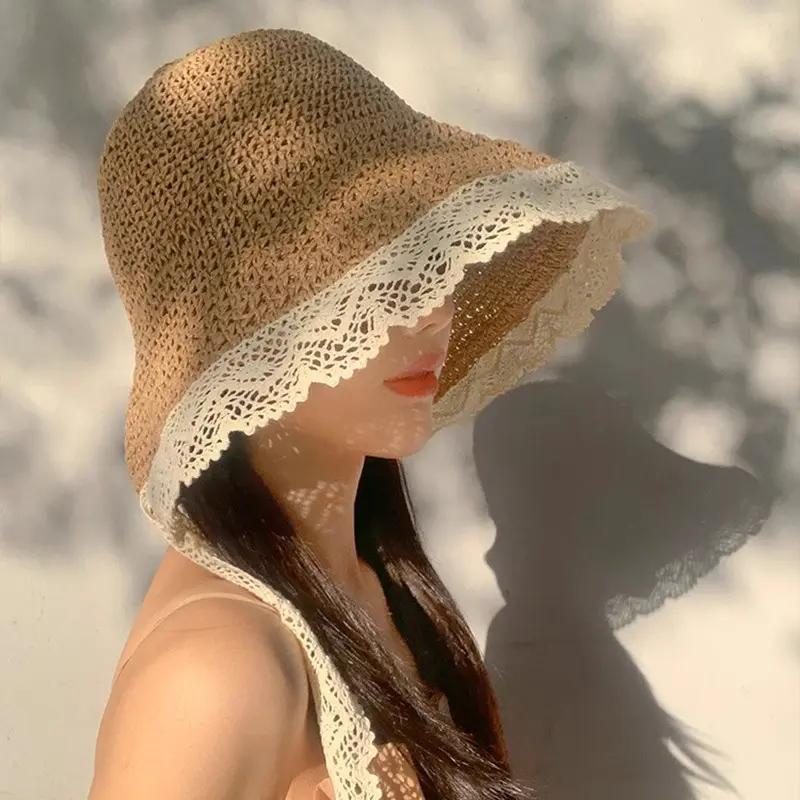 French-style Lace-trimmed Sun Hat for Women Summer Wide-brimmed Fisherman's Hat with Ribbon Foldable Beach Accessory Elegant Design & Sun Protection