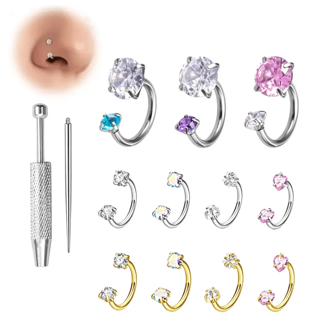 11pcs 18g Horseshoe Nose Ring With Tool for Women Double Gem Horse Shoe Nose Ring Hoop Surgical Steel Silver Gold Cartilage Helix Tragus Earring Hoops Labret Lip Piercing Jewelry Small Septum Rings