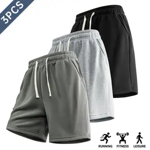 Men’s casual athletic shorts, 3-pack — summer solid-color minimalist breathable drawstring elastic shorts made of lightweight polyester fiber, suitable for running, gym, training, and the beach; available in multiple colors