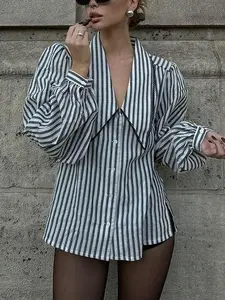Women's Striped Print Shirt Blouse, Casual Elegant Bishop Sleeve Long Sleeve Top for Spring & Fall, Women's Clothing for Daily Wear, Womenswear, Lady