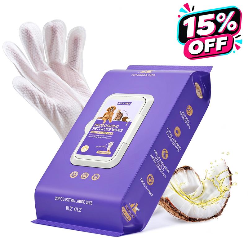 HICC PET 20pcs Dog Grooming Wipes - No-Rinse Hypoallergenic Glove Wipes with Fermented Oils for Hair Removal, Deodorizing, Skin Hydration,Bath-free Dog Grooming