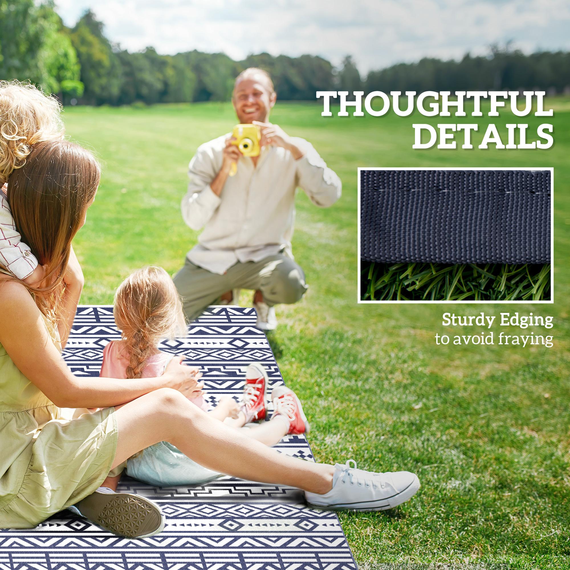 Flip It for a Fresh Look! Reversible Waterproof Outdoor Rug – Blue & White Geometric, 6'x9' with Carry Bag – Perfect for Patio, Camping & Beach