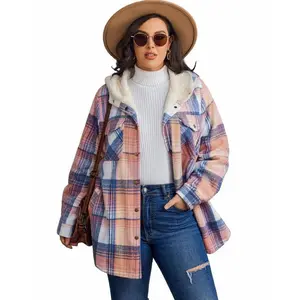 Women’s Plus Size Flannel Plaid Shacket Jacket, Long Sleeve, Button-Down, Fleece, Hooded, for Fall/Winter, Casual, Pairs Well with Various Outfits