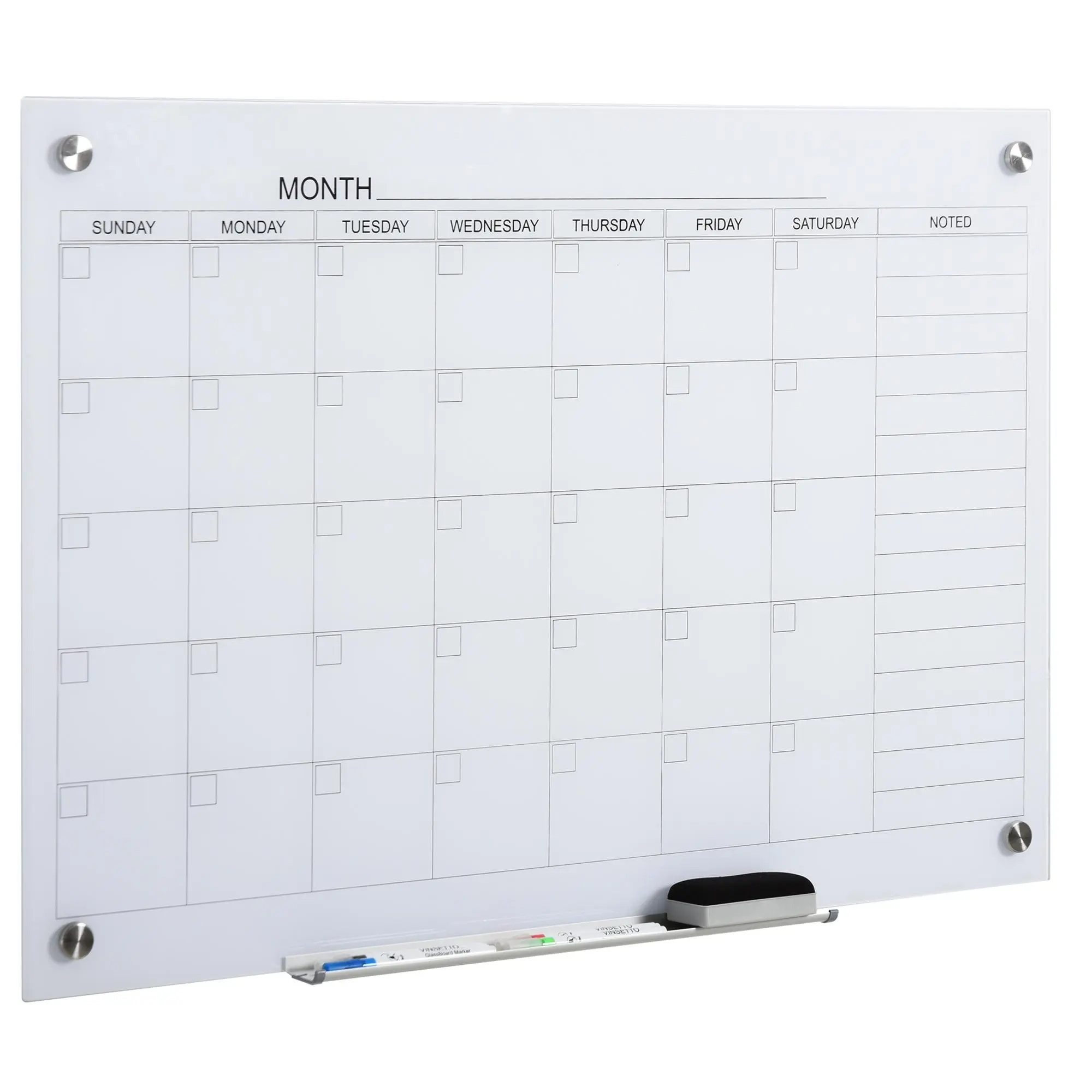 Vinsetto 35"x23" Frameless Dry Erase Wall Calendar Whiteboard, Weeks Planner, Monthly Planner, Smooth Surface, for Homeschool & Home Office, W/4 Markers, 1 Eraser, 4 Glass Clips & Easy Installation