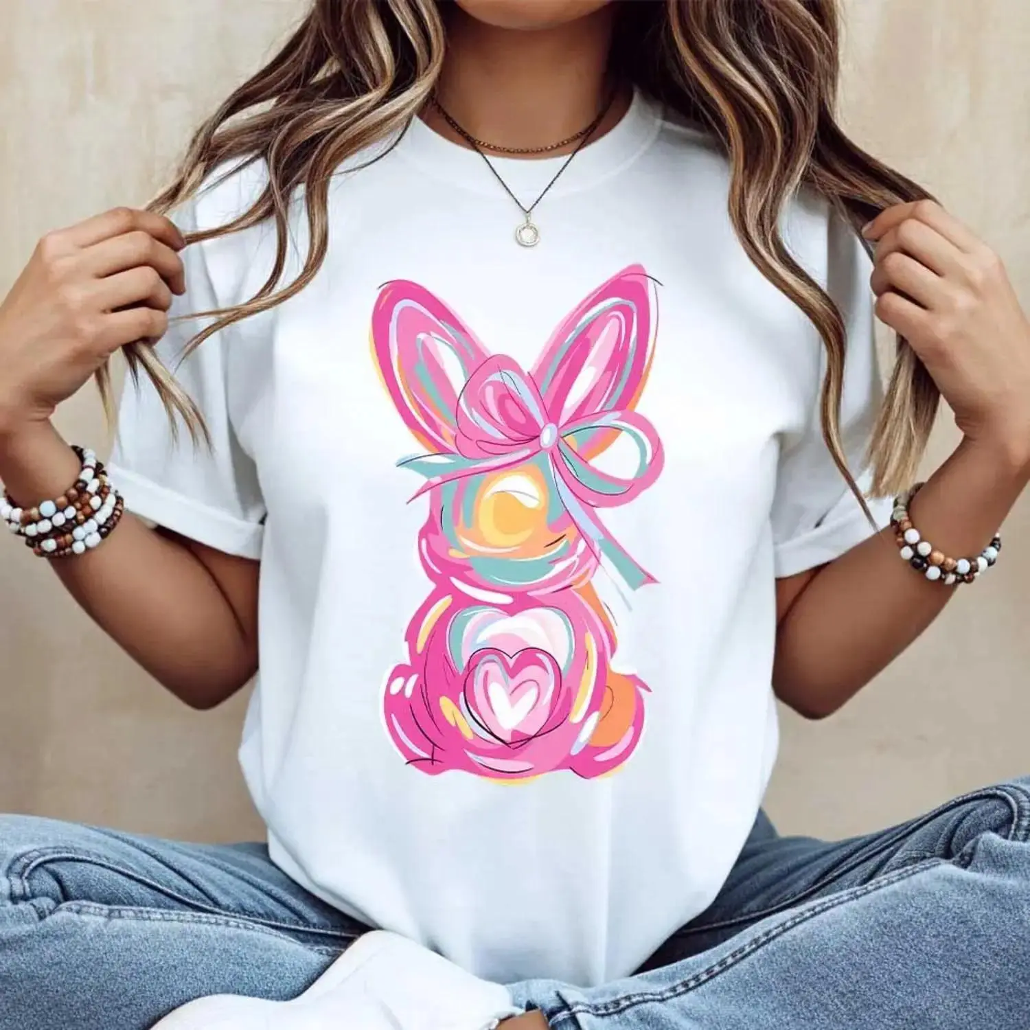 Women's Casual Crew Neck Short-Sleeve Breathable Knit Cotton Top - Chic Classic Minimalist Cute Easter Bunny With Pink Bow & Colorful Swirls Graphic Print, Streetwear Club Wear, All Seasons Soft Basic Cartoon Knitting Women's Clothes, Tops, Soft Cotton