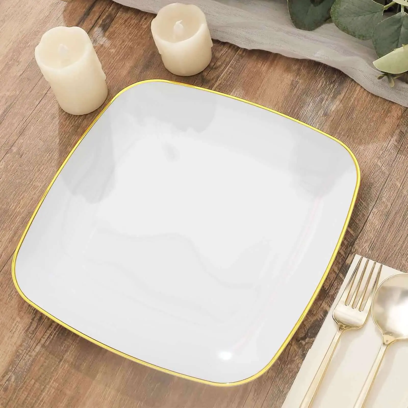 10-Pack 10" White Plastic Square Dinner Plates with Gold Rim - Sleek Disposable Plates for Weddings, Events & Banquets, Wedding