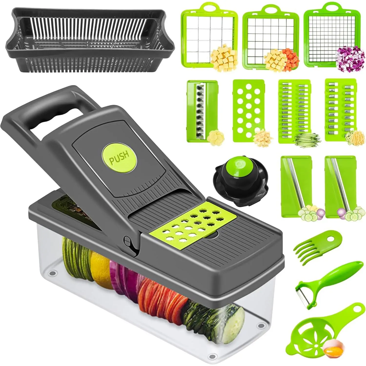 16 in 1 Mandoline Vegetable  , Slicers and Vegetable Cutters, Multi Function Kitchen Veg  for Onion Garlic Potato Salad, Veggie  with Container and Draining Basket