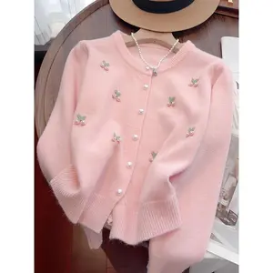Elegant Plus Size Knit Cardigan with Faux Heart Cherry Accents - Crew Neck, Long Seeve, Stretch Fabric for Women-Perect for fall/Winter