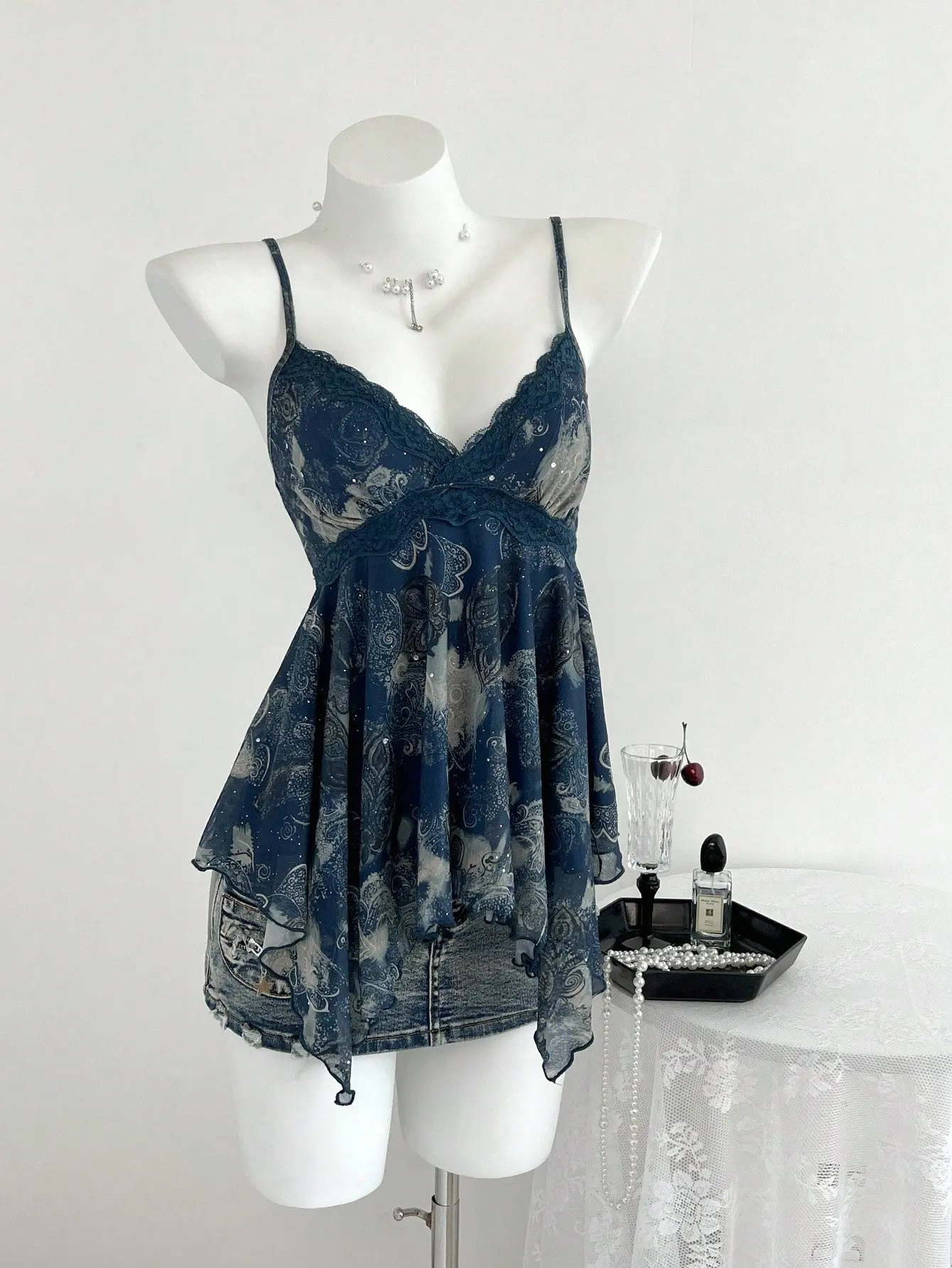 Women’s Y2K Sequin Floral Sleeveless Top – Asymmetric Hem Crisscross Strap Cami, Sexy Navy Blue Spring Summer Party Tank, navy blue y2k top, party top women