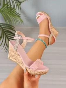 Summer Bohemian Woven Wedge Sandals, Soft Wood Sole, Buckle Strap High Heel, Open Toe Knit Shoes, Fashion Footwear for Women