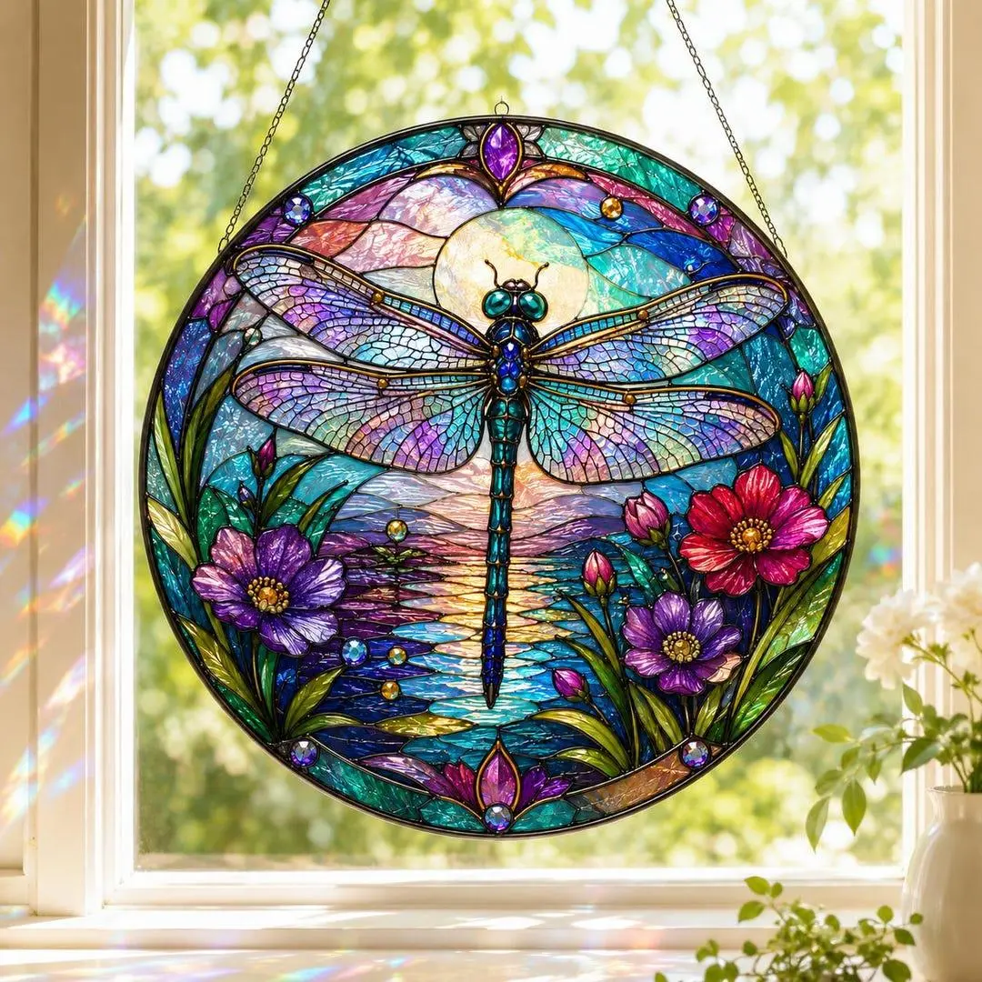 Dragonfly Memory Stained Glass Suncatcher, Floral Dragonflies Suncatcher, Suncatcher Window Hanging, Memorial Gift for Nature Lover