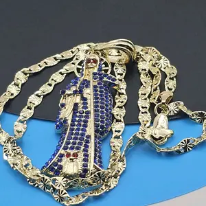 Holy Death Pendant with Blues Zilscon 19.75 Inches Long Diamond Cut Style Chain Copper Gold Plated 20.8 Grams