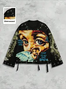 Men's Vintage Street Style Saint Print Long Sleeve Round Neck T-Shirt, Loose-Fitting Short Fit, Fall 2000s Fashion, Streetwear