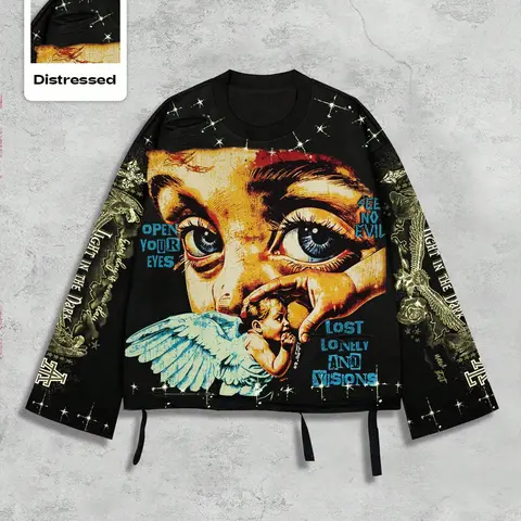 Men's Vintage Street Style Saint Print Long Sleeve Round Neck T-Shirt, Streetwear, Casual Daily Streetwear, Loose-Fitting Short Fit Cropped, Fall 2000s Fashion
