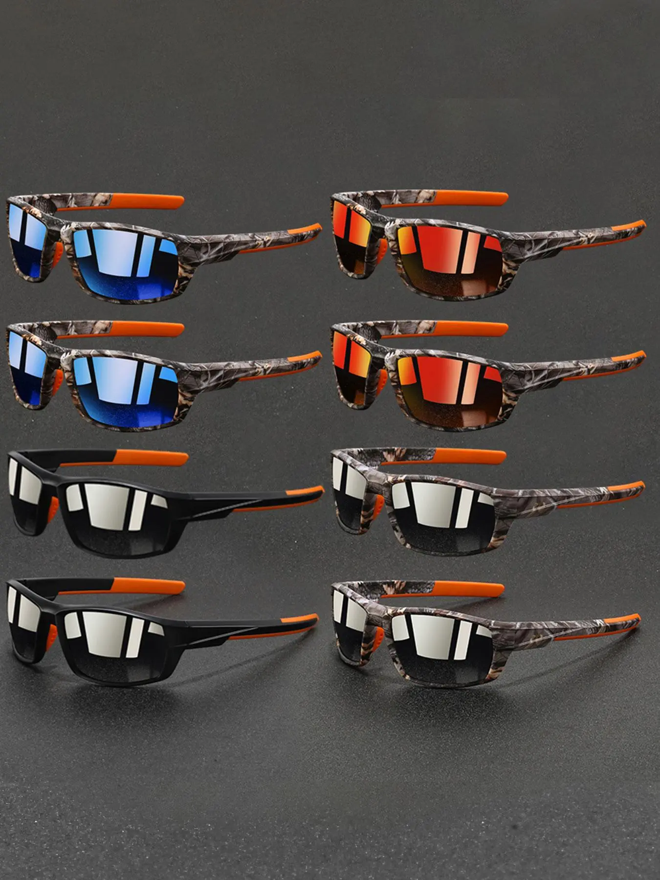 8pcs latest model camouflage square sports glasses Sporty Eyewear,suitable for both men and women,classic splicing frame collocation rubber nose pad,fashionable comfortable design,suitable for outdoor sports such as driving,cycling,fishing,etc