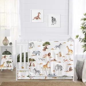 Sweet Jojo Designs 4-Piece Baby Crib Bedding Set (Jungle Animals) for Girls/Boys, Infants/Nursery incl. Blanket, Fitted Sheet, Skirt, Diaper Stacker (Wildlife, Safari, Animal, Gray Elephant, Giraffe)