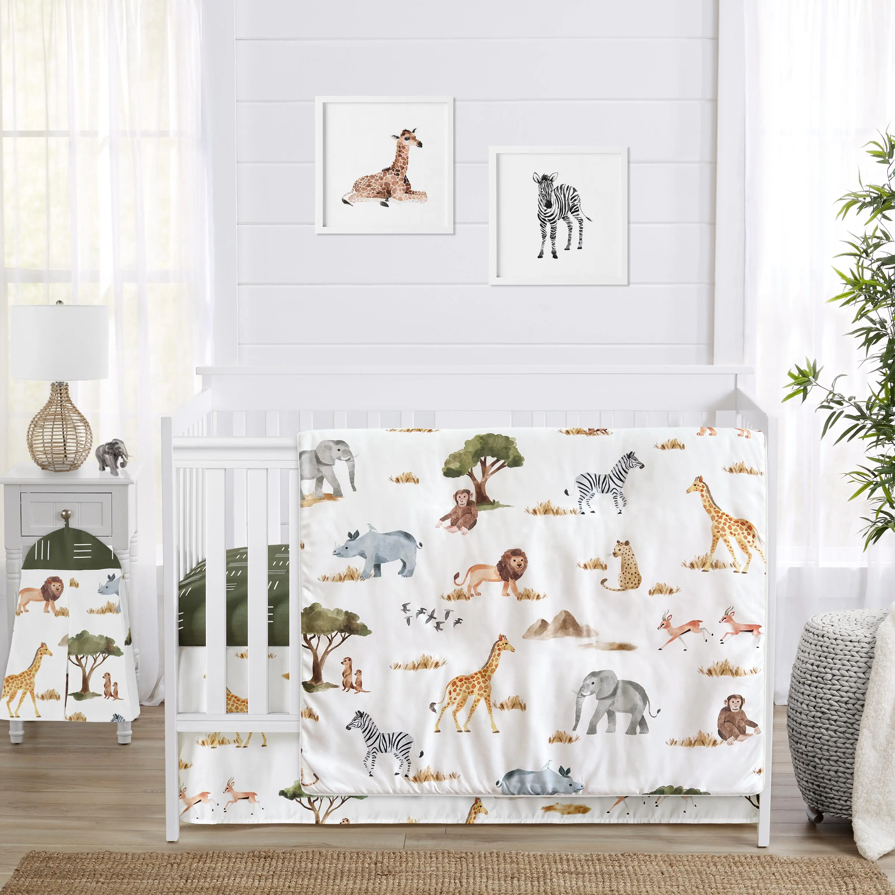 Sweet Jojo Designs 4-Piece Baby Crib Bedding Set (Jungle Animals) for Girls/Boys, Infants/Nursery incl. Blanket, Fitted Sheet, Skirt, Diaper Stacker (Wildlife, Safari, Animal, Gray Elephant, Giraffe)