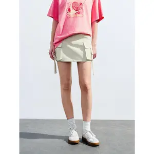 URBAN REVIVO 2026 Spring Women's Beige Cotton-Polyester Thick Fabric Structured Cut Casual Cargo A-Line Mini Skirt (37cm Length), Women's Bottoms, UWL540043, Women's Clothes, Clothes