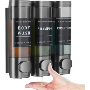Shampoo & Conditioner Dispenser 3-Chamber Wall-Mounted Transparent No-Drill Shower Soap Dispenser for Bathroom Hotel Large Capacity Dark Gray Home Goods