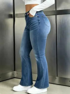 WH53 High Waisted High Stretch Crossover Denim Jeans for Women Flare Leg Bootcut Denim with Pockets Trendy & Flattering