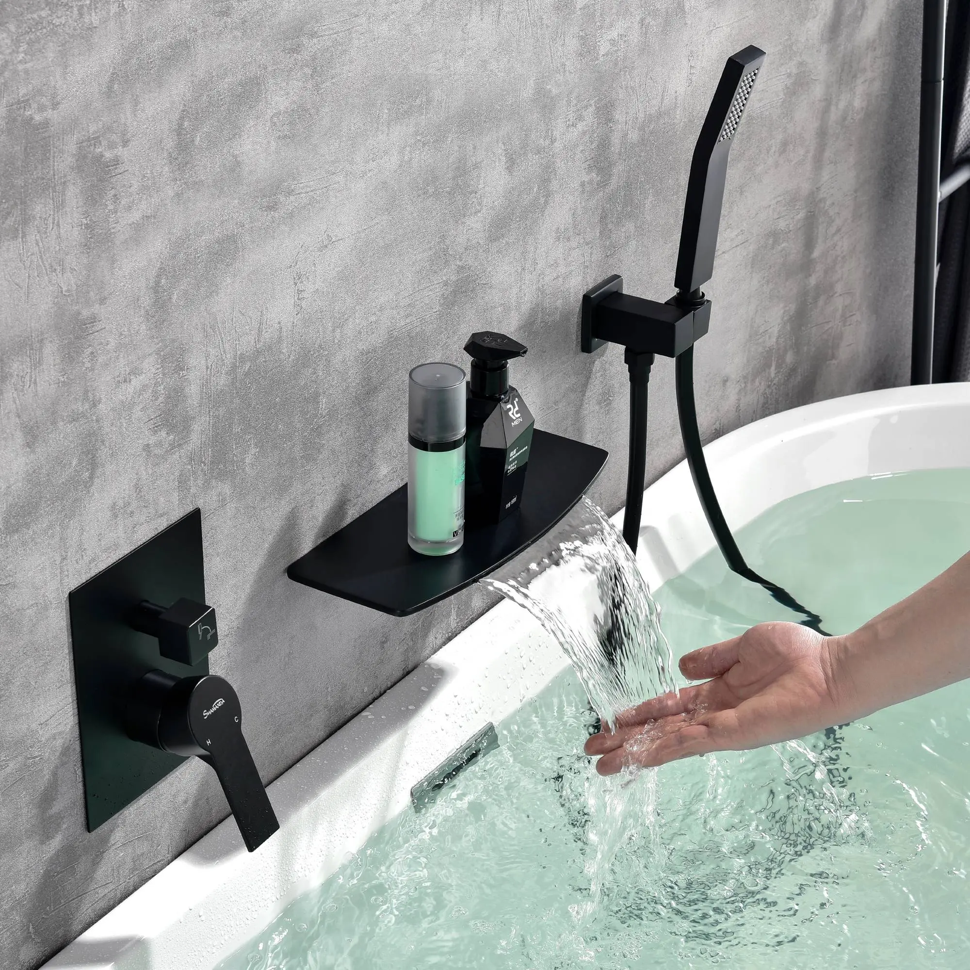 Wall Mounted Bathtub Filler Faucet with Bath Outlet and Hand Shower, Single Handle Waterfall Bath Tap For Bathroom - Brushed Gold, Matte Black