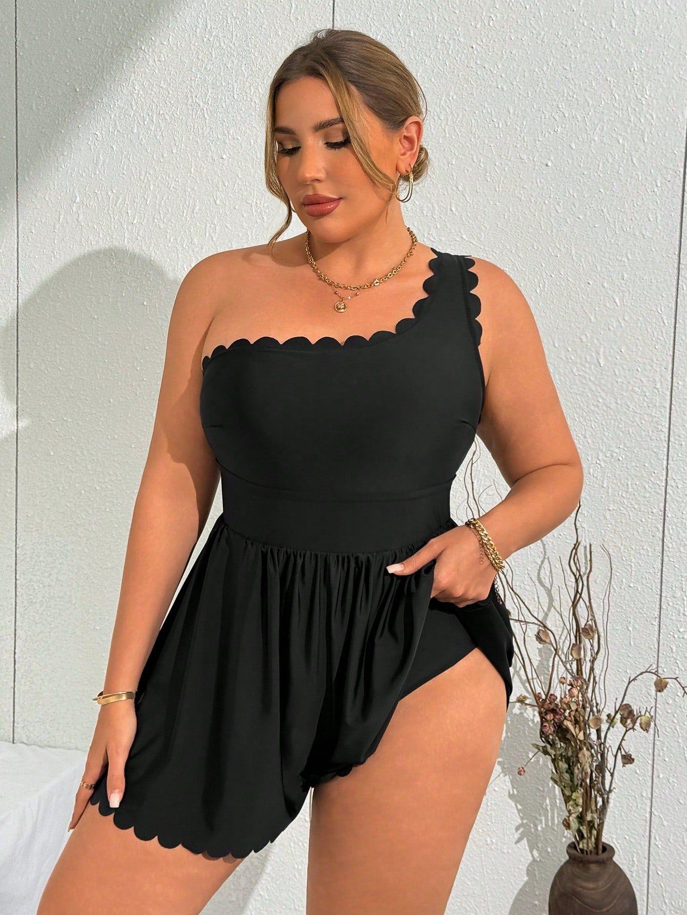 Women's Plus Size One Shoulder Swim Dress, Scallop Trim Tummy Control One Piece Bathing Suit