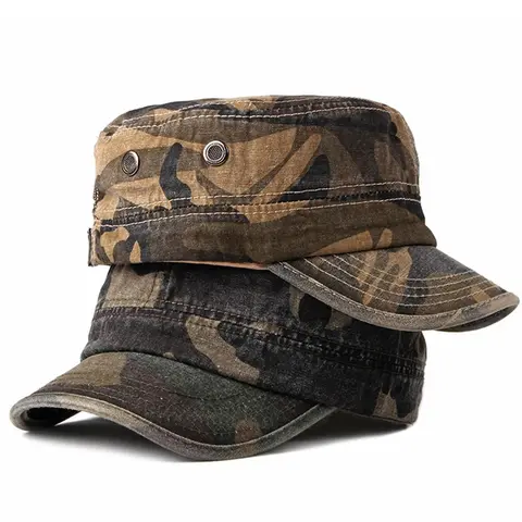 2 Pack Washed Outdoor Military Cadet Army Caps, Vintage Flat Top Camo Trucker Hats Graphic