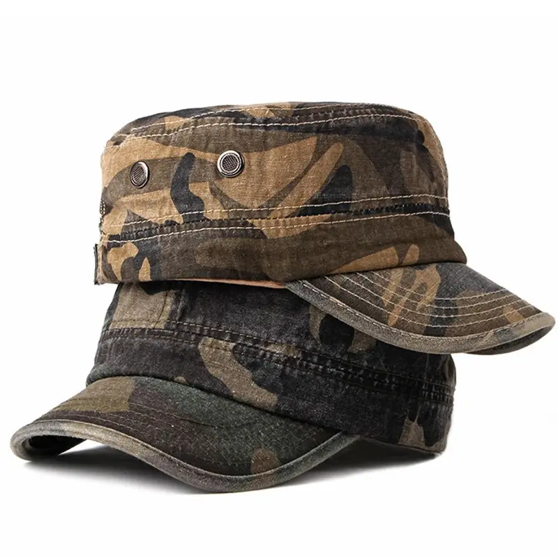 2 Pack Washed Outdoor Military Cadet Army Caps, Vintage Flat Top Camo Trucker Hats Graphic