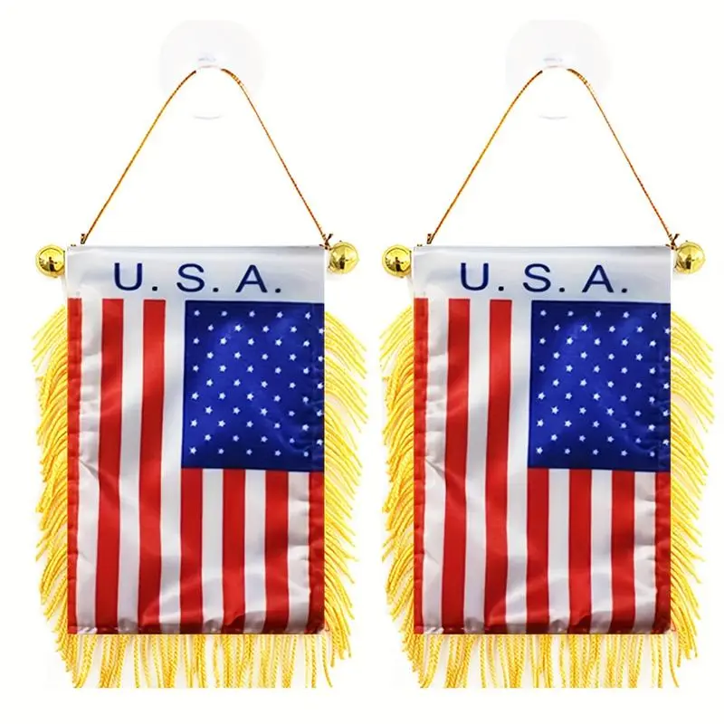 2-Pack Hangable Double-Sided Mini USA Stars Flag Set - 3x4 in Durable Lightweight Polyester with Tassels, Suction Cup Hanging, American-Themed Patriotic Hanging Decor for Car Mirrors, Home Decor, American-Themed Hanging Decor